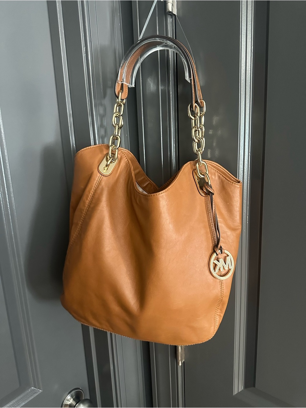 Michael Kors Cognac Leather Shoulder Hobo with Gold Chain Trim